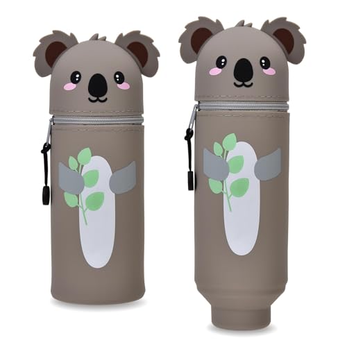 LVZONGXIN Kawaii Federmäppchen, 2-in-1 Weiche Silikontasche - Tischstifthalter, Reißverschluss, Silikon, Stiftetasche Buntstifte Marker, H 18,5 cm (Koala)