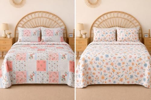 Image of HOMEKART 2 Bedsheet Combo Set with 4 Pillow Covers - Premium Cotton Glace Cotton Printed Double Bedsheets, 2 Elegant Colors, Soft Breathable Luxury Bedding Set - Pink & Off White