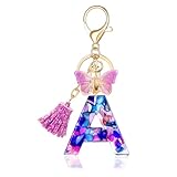 LAXPICOL Purple Letter A Keychain for Women Purse Handbags Resin Alphabet Initial Letter Pendant with Tassel Glass Ball