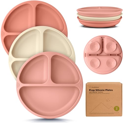 Image of KeaBabies Suction Plates for Baby, Toddler - 3-Pack 100% Silicone Toddler Plates with Suction, Divided, BPA-Free Baby Led Weaning Essentials for Kids, Dishwasher, Microwave Safe, Durable (Roseate)
