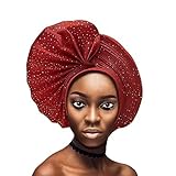 Already Made Nigerian Auto Gele with Stones Women Turban Hat Head Wrap African Headties Fashion Headbands for Party (Red)