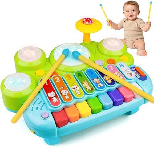 3 in 1 Toddler Drum Set Piano Keyboard Xylophone Toys Montessori Musical Instrument Learning Developmental Light Up Toys for Kids Baby Infant Boys Girls Age 1 2 3 Years Old 12 18 Months