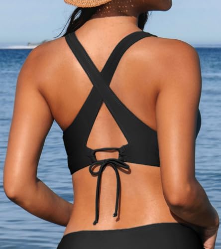 CUPSHE Women's Bikini Top V Neck Triangle Top Wide Straps Cross Back Lace up2
