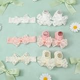 LIYAZHIL 3 Pack Baby Girls Headbands and Socks Set Newborn Lace Bow Hairbands Non-Slip Grips Socks for Babies Infants and Toddlers (Beige, Pink, White)
