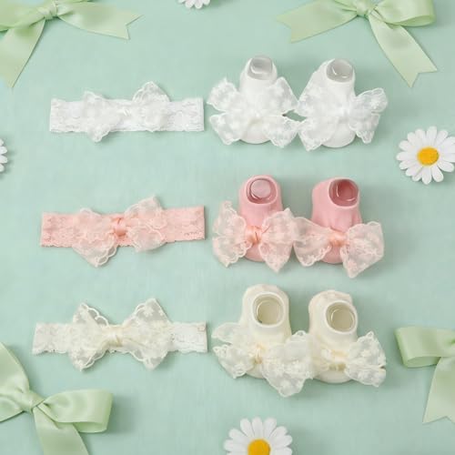 LIYAZHIL 3 Pack Baby Girls Headbands and Socks Set Newborn Lace Bow Hairbands Non-Slip Grips Socks for Babies Infants and Toddlers (Beige, Pink, White)