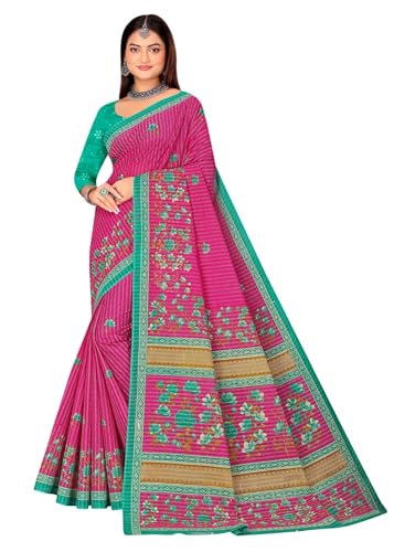 Image of Karishma Pure Cotton Mulmul (Stiff) Saree With Floral Print And Small Border. (Pink)