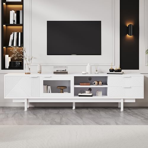 TV Lowboard 200 cm Weiß TV Schrank für Fernseher bis 80 Zoll Modernes Gaming Sideboard mit Glastür 2 Schubladen Low Board für Wohnzimmer Büro Skandinavisches Design