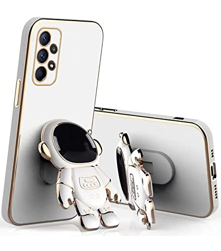 Sunswim Case for Galaxy A32 5G 6D Plating Astronaut Hidden Stand Case Cover Astronaut Folding Bracket Shockproof Protective Phone Case for Samsung Galaxy A32 5G with Camera Lens Protector Cover-White