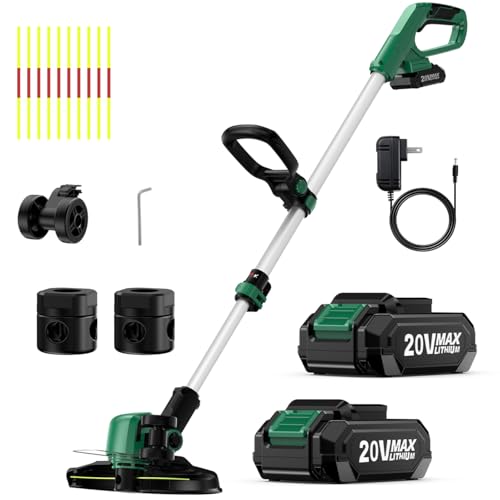 KIMO Weed Wacker Cordless Battery Powered w/ 2 x 2.0Ah Batteries, 2-in-1 String Trimmer & Edger with Charger & Wheels, 12 inch Dual-Sided Cutting Lines (10Pcs), Electric Weed Eater 20V for Lawn Yard by K I M O. - Used condition - US$44.89