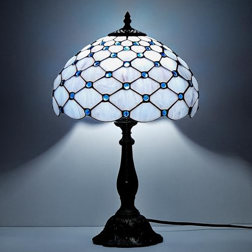GILGGAK Tiffany Lamp Vintage White Grey Stained Glass Beads Table Lamp Desk Table Reading Light Decoration Bedroom Living Room Home Office D12*H18" Es