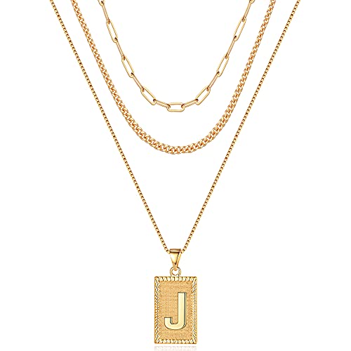 Gold Initial Necklaces for Women, 14K Gold Plated Box Chain Square Capital Initial J Pendant Letter Necklace Layered Paperclip Chain Necklace for Women Cuban Chain Choker Layered Necklace Gold Jewelry