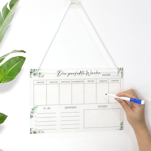 Planificador semanal de acrílico para el hogar, pizarra con 6 rotuladores para pizarra blanca, plan para colgar lista de tareas para el hogar (30 x 20 cm)