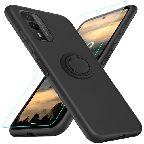 Nijiadi Capa para celular Nokia XR21 5G com protetor de tela de vidro, suporte de anel giratório de 360° magnético/suporte de silicone TPU à prova de choque capa protetora para Nokia XR21 5G - preta