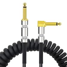 10 ft Guitar Cable, Black PU Spring Electric Instrument Cable,Gold Plated Straight 1/4" TS to Right Angle 1/4" TS Electric Guitar Bass Pro Audio Cable - 10 Ft