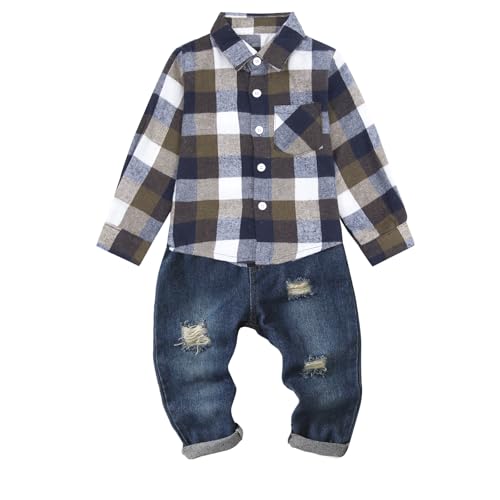 Image of Toddler Baby Boy Clothes Infant Denim Outfits Flannel Plaid Button Shirt Pockets Ripped Jeans Pants 2 PCS Clothing