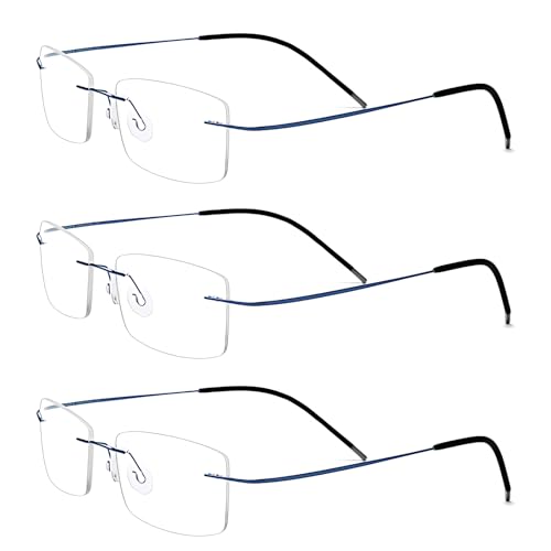 Image of Rimless Flexible Titanium Alloy Men Eyeglasses Frame Clear Rectangle Ultralight (Blue)