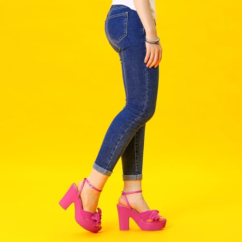 Allegra K Allegra K Women's Platform Bow Heel Sandals Slingback Hot Pink Chunky Heels with Bow Sandals 7.5 M US