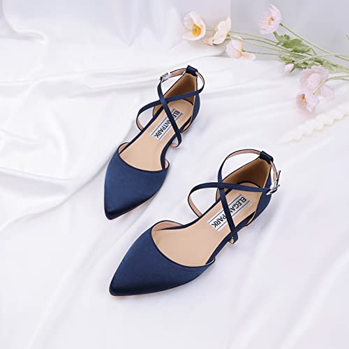 Image of ELEGANTPARK FC2322 Comfortable Satin Pointed Toe Flats for Women Ankle Straps Wedding Flats for Bride Shoes Evening Party Guest Shoes for Women Dressy Low Heel