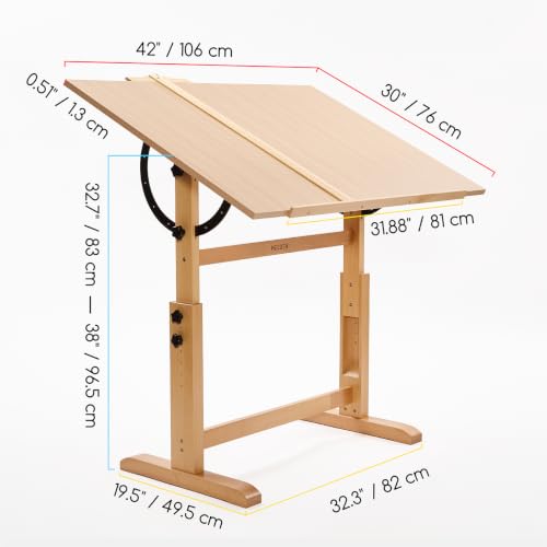 Image of MEEDEN Extra-Large Wood Drafting Table: 42 inch x 30 inch Artist Drawing Table Desk - Painting Table with Adjustable Height & Angle - Art Table for Adults with Pencil Ledge for Sketching, Writing, Natural