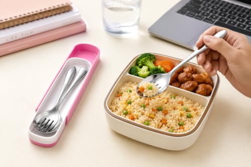 Image of Cutlery Set with Box for Dining | Stainless Steel Spoon, Fork | Reusable Tableware for Home, Kitchen, Office, Restaurant & Travel | Durable Mirror Finish Flatware