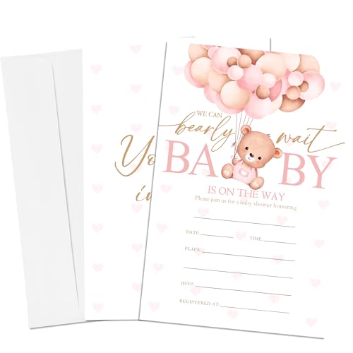 4'' x 6'' We Can Bearly Wait Baby Shower Invitations - Set of 25 Pink Balloon & Cute Bear Invited Cards with Envelopes - Announcement Gender Reveal Invites for Girls, Party Supplies & Decor - A03