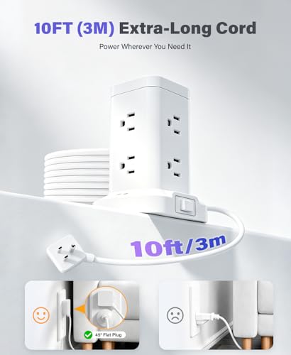 Power Strip Tower with Surge Protector 1800J, Fast Charging Tower PD20W USB-C Ports with 8 AC Outlets, 10ft Extension Cord for Home Office Dorm Room, White — view 2
