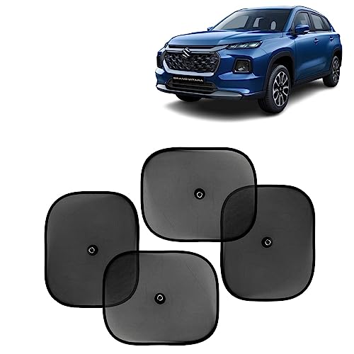 KINGSWAY Car Window Curtain Sticky Sun Shades Compatible with Maruti Suzuki Grand Vitara, (Year 2022 Onwards), Universal Fit Sunshades for Side Window, Rear Window, Black Color, 4 Pieces