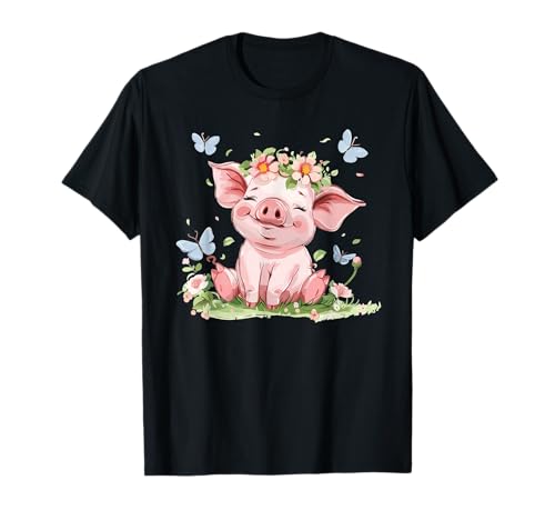Cute Pig with Flowers I Kids Pig T-Shirt