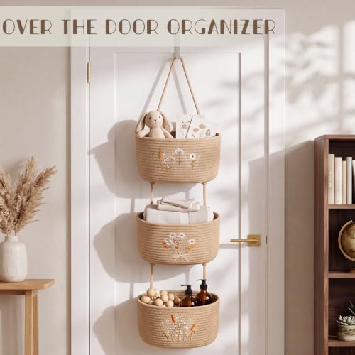 Novabright 3 Tier Hanging Wall Basket for Organizing Boho Embroidery Woven Over the Door Hanging Baskets with Hooks Rustic Wall Mounted Storage Organizer Closet for Nursery Bedroom Bathroom Kitchen - Image 5