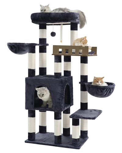 Gitelsnour Arbre à Chat Grand Chat, Tour de Jeux pour Chats Lourd Grand félin Plus de 20 lbs+, Tour Chat avec Grande Plateforme en Bois, 14 Poteaux à Griffer, Niche, 2 Hamacs, Gris foncé GCT023G