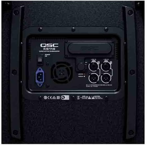 Close-up of the QSC KS118 Subwoofer rear panel controls