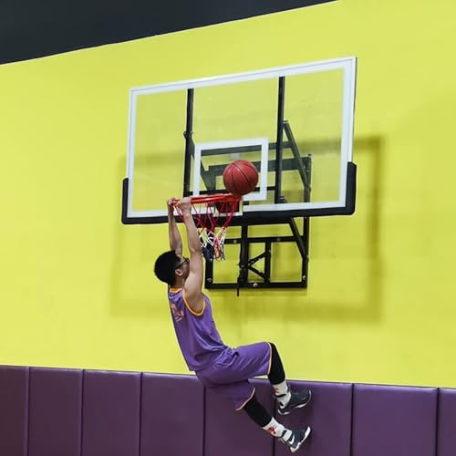 Wall Mounted 54 X 32 Inch Adjustable Basketball Hoop with Tempered Glass Backboard and Heavy-Duty Rim, Durable Rim All-Weather Net for Indoor and Outdoor Use