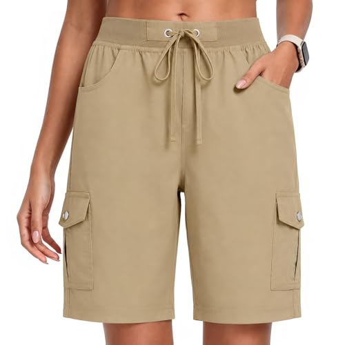 Image of NWDEY Women's Cotton Cargo Shorts Drawstring Elastic Waist 6 Pockets Lightweight Outdoor Hiking Travel Casual Shorts Khaki