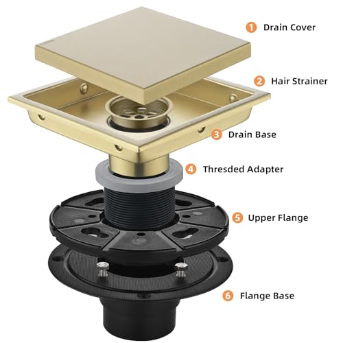6-Inch Square Shower Drain, Brushed Gold Floor Drain with Flange, 304 Stainless Steel Bathroom 2-in-1 Tile Drain by kuaisailsk - Used condition - Image 3
