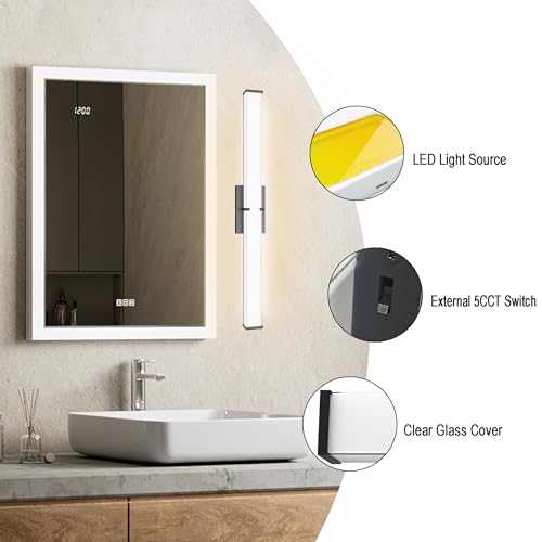 Image of 24.8Inch 2500LM Bathroom Light Fixtures 5CCT Optional, Black Modern LED Vanity Lights Clear Shade, Dimmable Bathroom Lighting Fixtures Over Mirror - ETL Listed