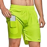 BALEAF Men's 7 Inches 2 in 1 Running Workout Shorts Quick Dry Lightweight Athletic Shorts Liner Back Phone Pocket Fluorescent Green M