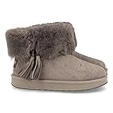 Botin moda invierno 2021 61671-Botin Plano para Mujer, Estilo Australiano, Forrado de Pelo, de Punta Redonda y con Detalle de Flecos, Otono Invierno 2020. Talla 40 Gris