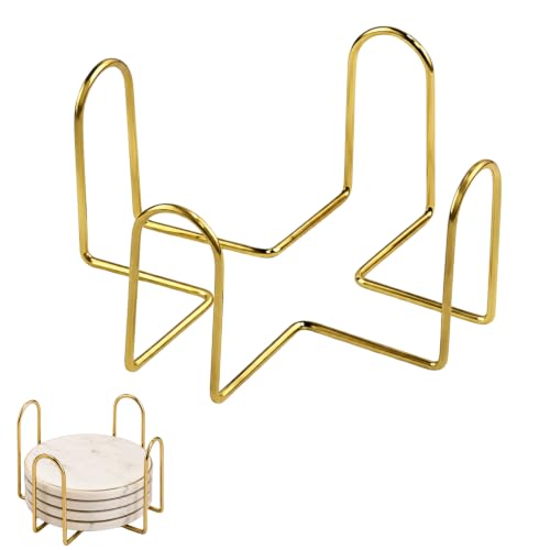 Vintage Coaster Holder Iron Metal Holder Storage Caddy for Both Round and Square Coasters Fit 4 to 9 Pieces Coasters,4.4 x 4.4 x 2.48 inches (Gold)