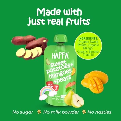 Image of Happa Organic Baby Food Puree | 100% Fruits | No Added Sugar, No Milk Powder, No Preservatives | Stage 3 (8 M+) | Ready to Eat | Free from Common Allergens | Pack of 6 (100g Each)