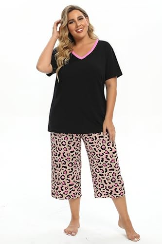 Image of Vozanet Women's Pajamas Set Soft V Neck Sleepwear Top and Capri Pj Lounge Sets Cartoon Heart Shape Cat Nighty Plus Size