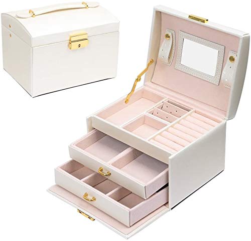 Meerveil Boîte à Bijoux, Boîte a Bijoux Cadeau, Rangement Boîte à Maquillage, Boite a Bijoux de Voyage à 3 Couches en Simili Cuir, avec 2 Tiroirs, Miroir et Serrure(Blanc) Cover