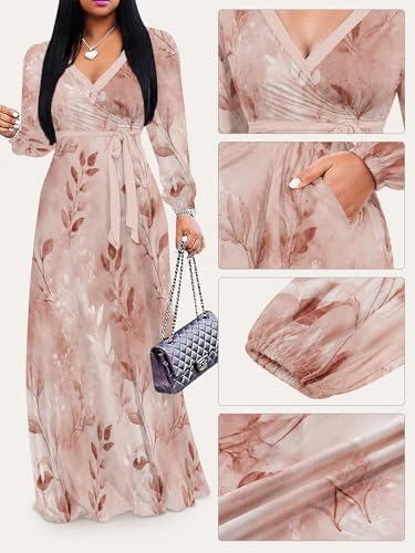 Image of PinkPatty Women's Long Sleeve Maxi Dress Plus Size Casual V Neck Wrap Dress with Pockets&Belt