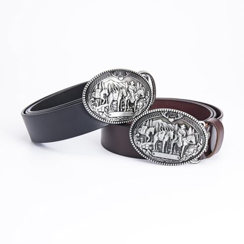 Men's Dress Casual Leather Belt - Rodeo Horse Carved Print, Western Rope Top & Vintage Oval Buckle2