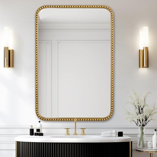 Fobule Wall Mirror for Bathroom - 30\"x40\" Rectangle Rounded Corner Beaded Frame Mirror, Large Vanity Mirror Hangs Horizontal or Vertical, Antique Gold