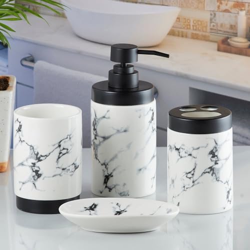 Image of SaSaSa Ceramic Bathroom Accessories Set of 4 Modern Bath Set with Soap Dispenser & Toothbrush Holder, Luxury Home & Gift Idea, White /Black (9598)