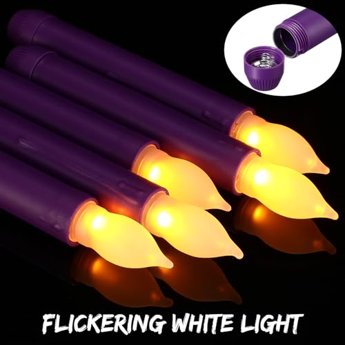Image of Macarrie 60 Flickering LED Taper Candles, Purple Candle Yellow Light