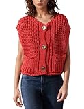 Hvewarm Chaleco casual de punto grueso para mujer, con botones dorados, sin mangas, de ganchillo, Rojo -, M