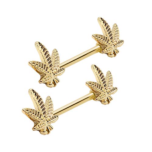 Pierce2Go 2 Pcs 14G Gold Marijuana Leaf Nipplerings Piercing Women Nipple Rings - 9/16" Barbell (Gold) #TOP1