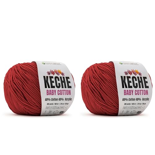 Image of Keche Baby Cotton, 60% Cotton 40% Acrylic Yarn, Soft Cotton Yarn for Crochet and Knitting, Amigurumi Yarn 4 Skeins /Balls [1.76 Oz (50g) / 180 Yrds (165m)] x 2 RED