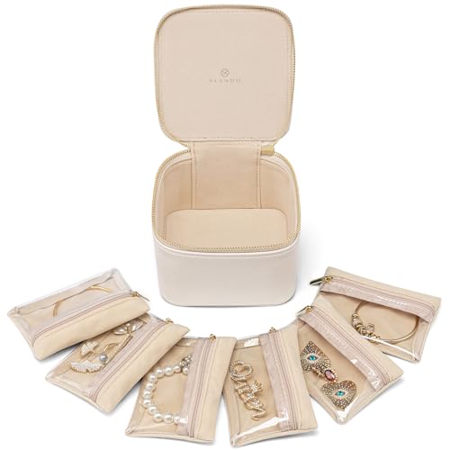 VLANDO Travel Jewellery Box, Jewellery Gift Box, Jewellery Organiser Jewellery Storage with 6 Velvet Jewellery Pouches, Jewellery Case for Necklace,Ri